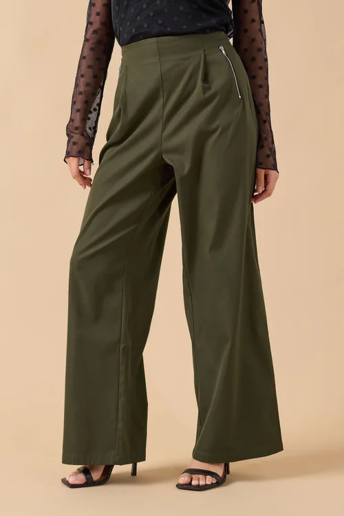 PixieGirl Petite Khaki Green Zip Pleated Trousers - 18 Image 2