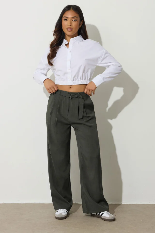 PixieGirl Petite Olive Green Buckle Wide Leg Trousers