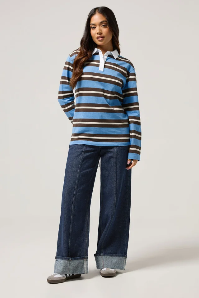PixieGirl Petite Brown & Blue Striped Rugby T-Shirt