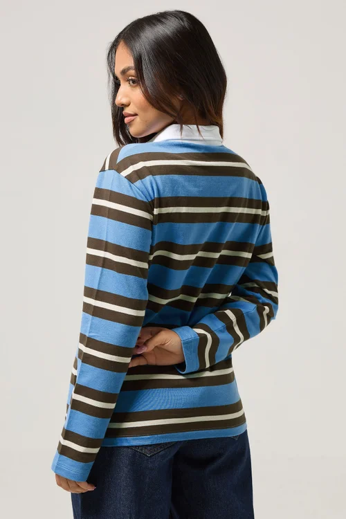PixieGirl Petite Brown & Blue Striped Rugby T-Shirt - Size 10 Image 3