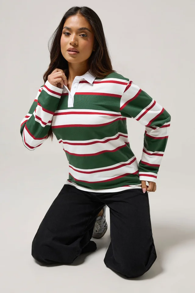 PixieGirl Petite Green & Red Striped Rugby T-Shirt