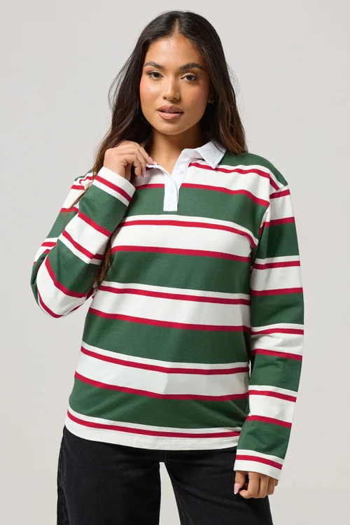PixieGirl Petite Green & Red Striped Rugby T-Shirt - Size 10 Image 2