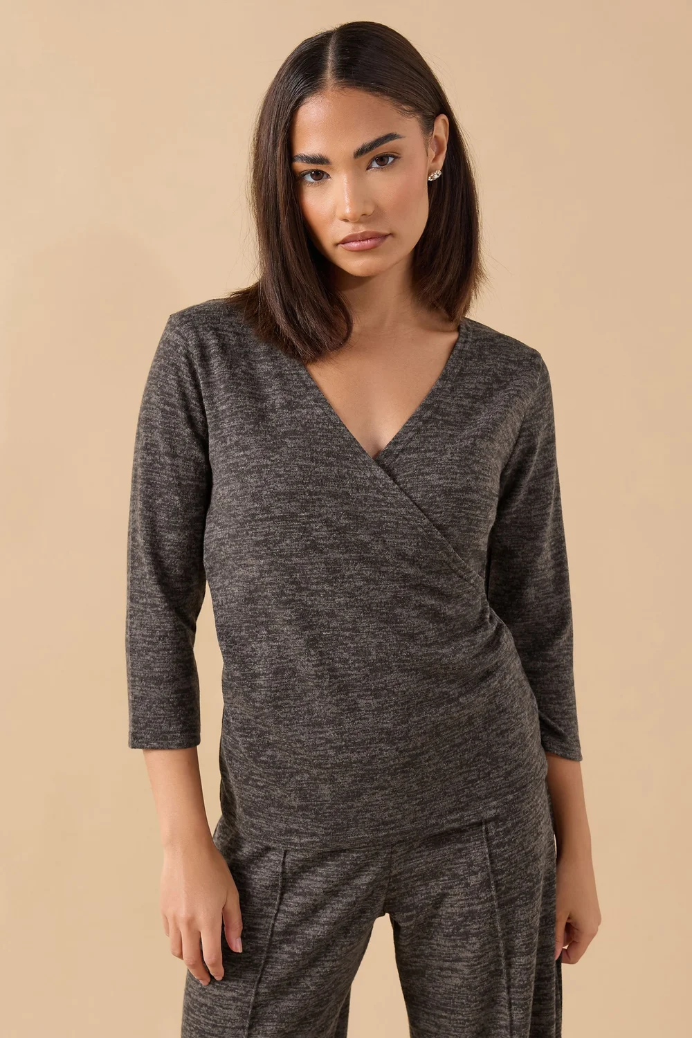 PixieGirl Petite Chocolate Brown Marl Wrap Top - Size 10 Image 1