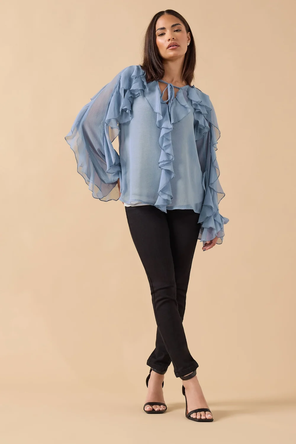 PixieGirl Petite Blue Chiffon Frill Blouse - Size 12 Image 2