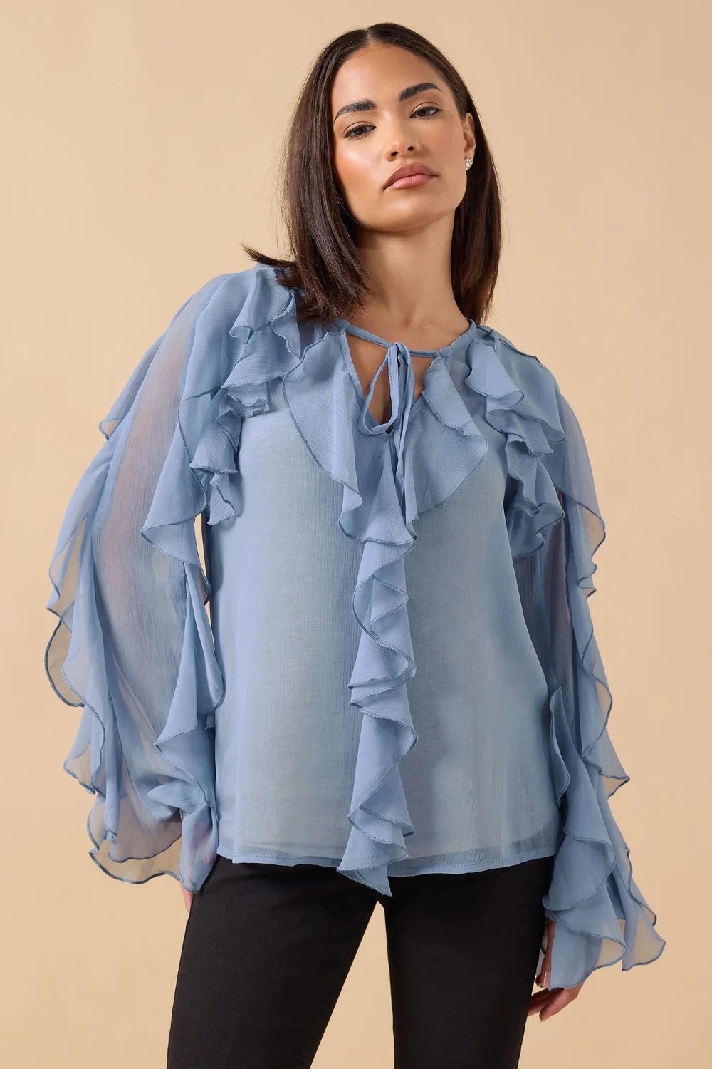 PixieGirl Petite Blue Chiffon Frill Blouse - Size 12 Image 1