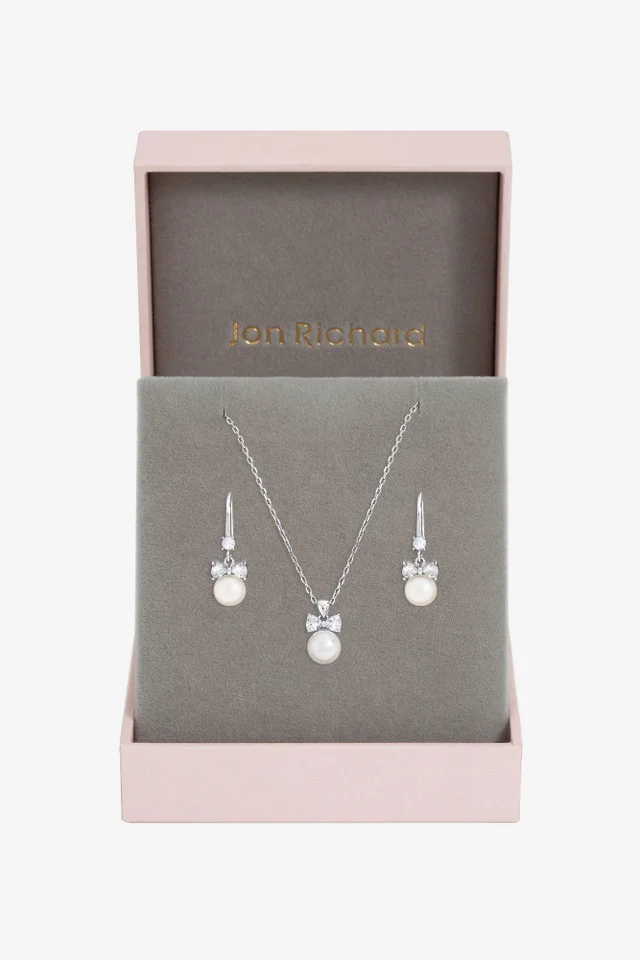 Jon Richard Rhodium Plated Crystal Bow and Pearl Drop Set Gift Box