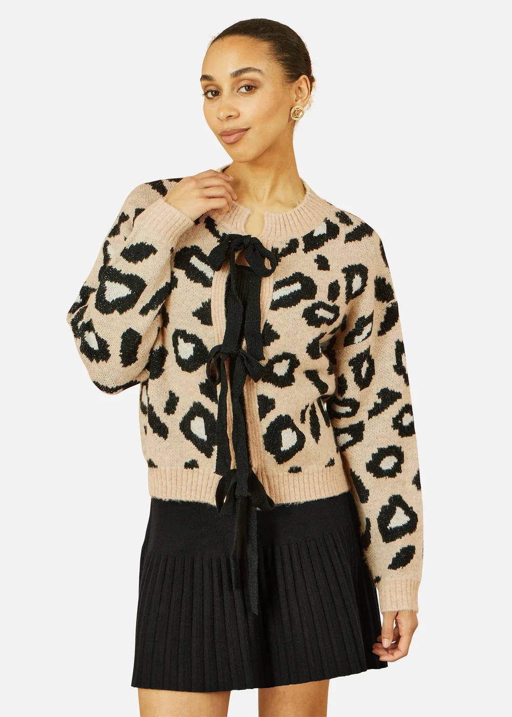 Yumi Beige Animal Print Intarsia Tie Front Cardigan - Medium Image 2
