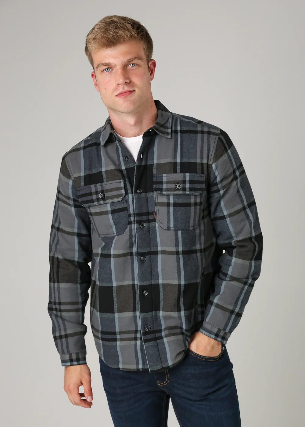 Tokyo Laundry Black Cotton Checked Long Sleeve Shirt with Sherpa Lining - Large Image 1