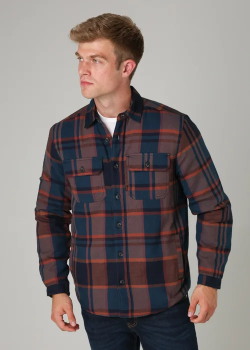 Tokyo Laundry Navy Cotton Checked Long Sleeve Shirt with Sherpa Lining - Large Image 1