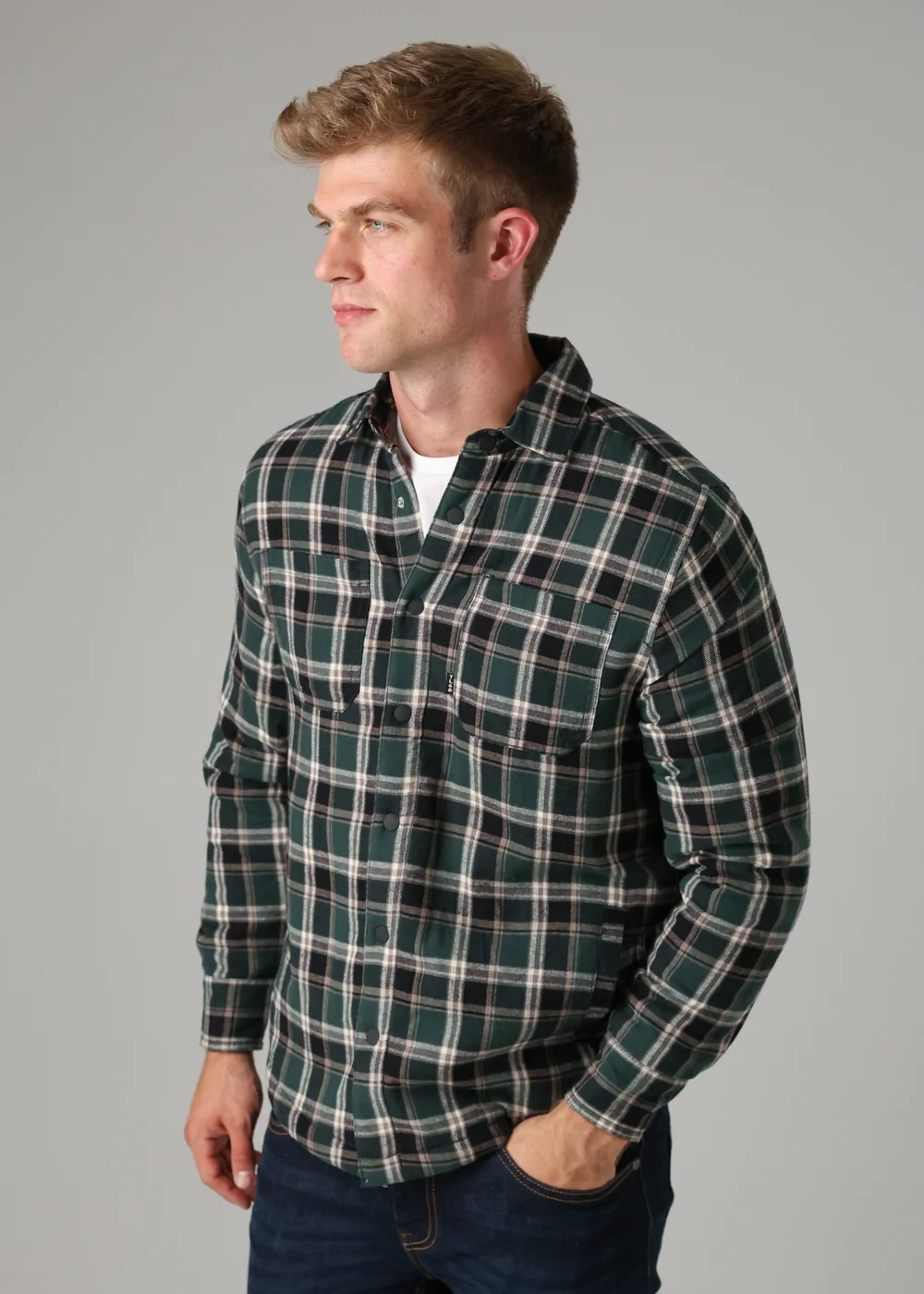 Tokyo Laundry Dark Green Checked Padded Shirt with Sherpa Lining - L Image 1