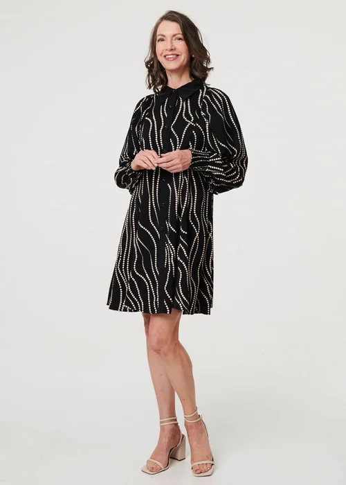 Izabel London Black Printed Long Sleeve Shirt Short Dress - 8 Image 1