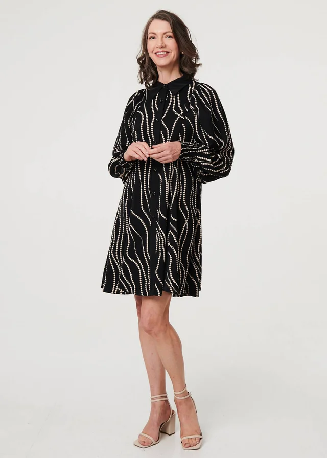 Izabel London Black Printed Long Sleeve Shirt Short Dress