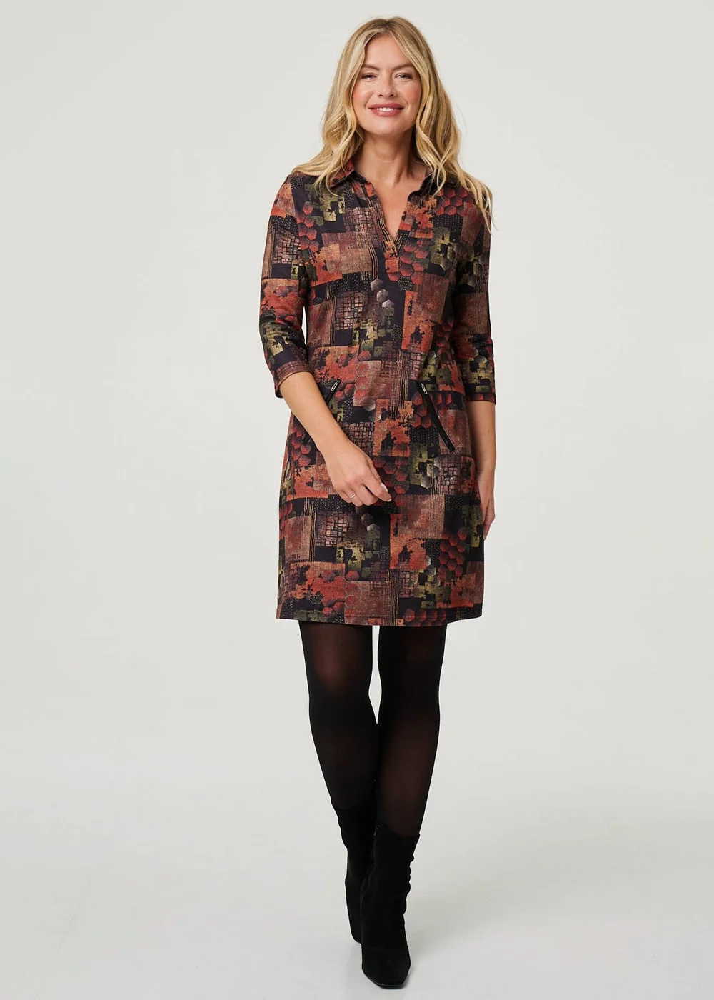 Izabel London Brown Printed 3/4 Sleeve Collared Short Dress - 16 Image 1