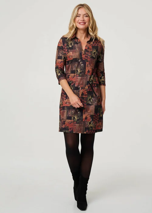 Izabel London Brown Printed 3/4 Sleeve Collared Short Dress - 16 Image 1