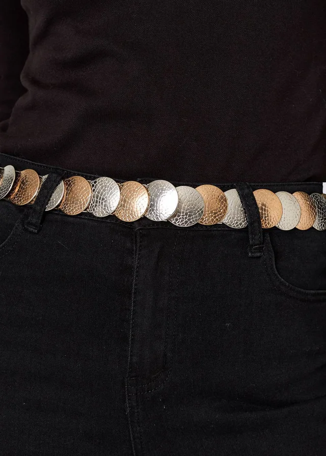 Izabel London Silver Two Tone Metallic Coin Detail Belt
