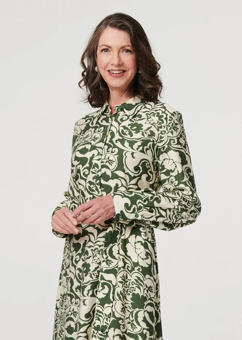 Izabel London Green Printed Long Sleeve Shirt Midi Dress - 14 Image 4