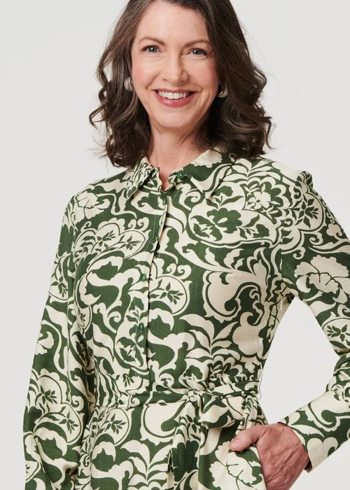 Izabel London Green Printed Long Sleeve Shirt Midi Dress - 14 Image 3