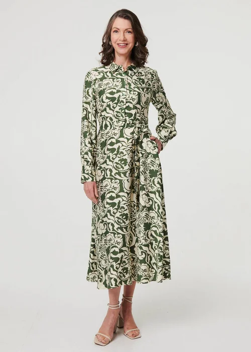 Izabel London Green Printed Long Sleeve Shirt Midi Dress - 14 Image 1