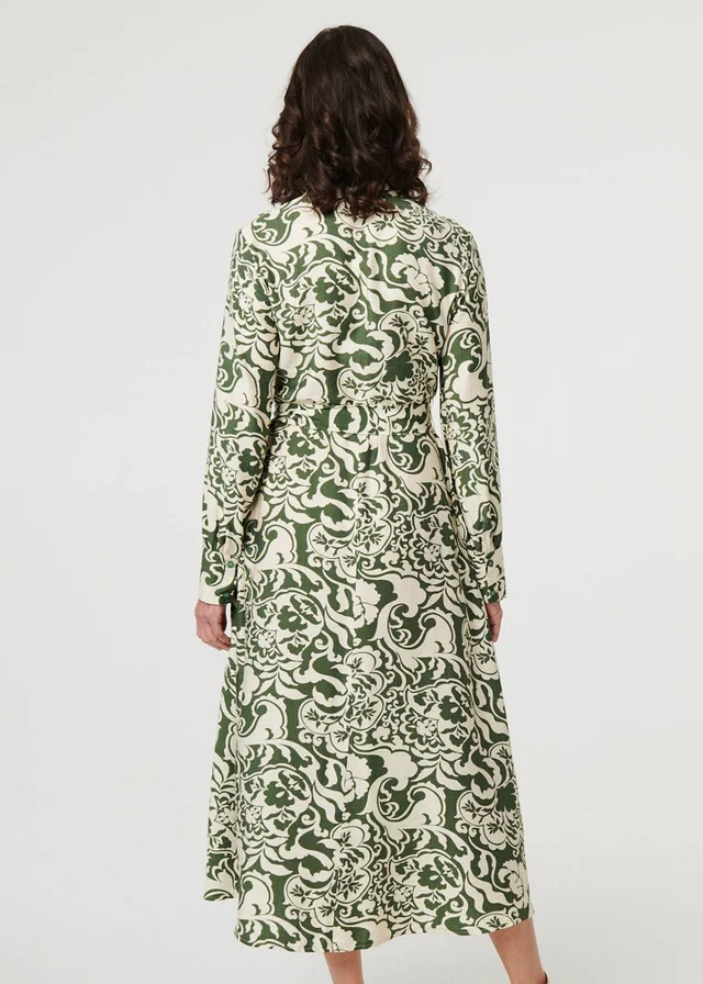 Izabel London Green Printed Long Sleeve Shirt Midi Dress