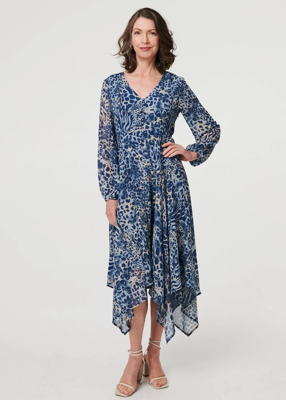 Izabel London Blue Animal Print Sheer Hanky Hem Midi Dress - 16 Image 1