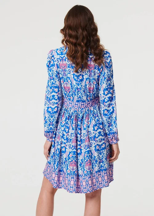Izabel London Blue Printed Long Sleeve Shirred Short Dress - 12 Image 2