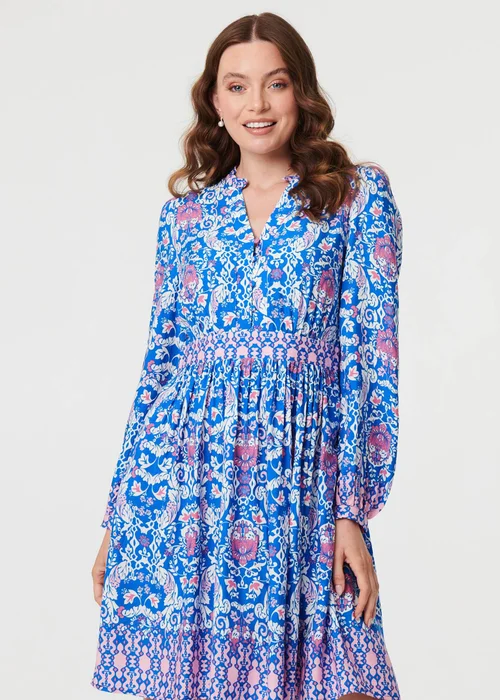 Izabel London Blue Printed Long Sleeve Shirred Short Dress - 12 Image 4