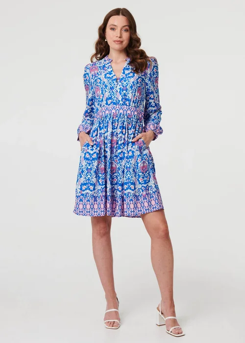 Izabel London Blue Printed Long Sleeve Shirred Short Dress - 12 Image 1