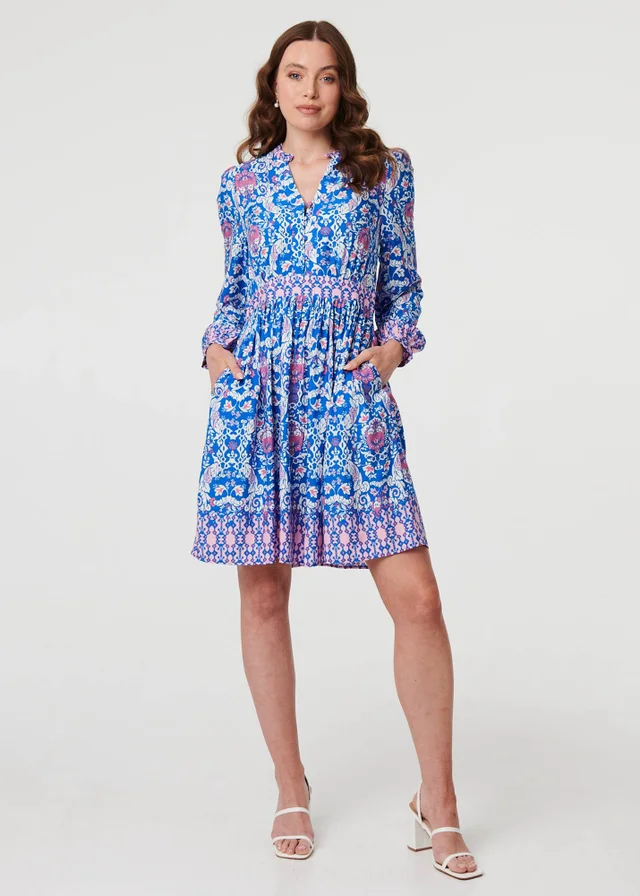 Izabel London Blue Printed Long Sleeve Shirred Short Dress