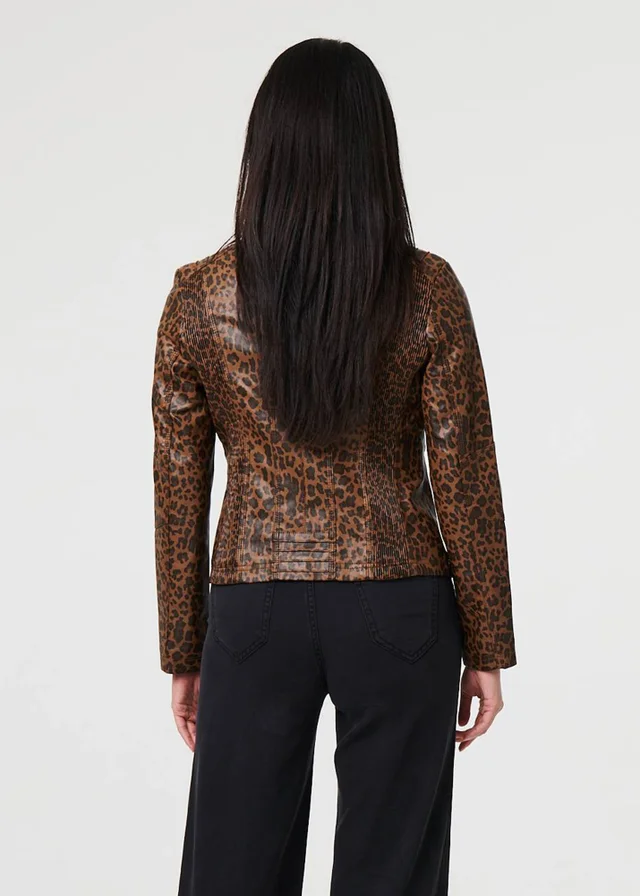 Izabel London Brown Animal Print Faux Leather Jacket