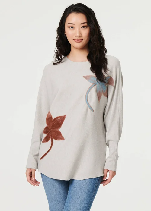 Izabel London Grey Leaf Print Batwing Sleeve Relaxed Top - S/M Image 1