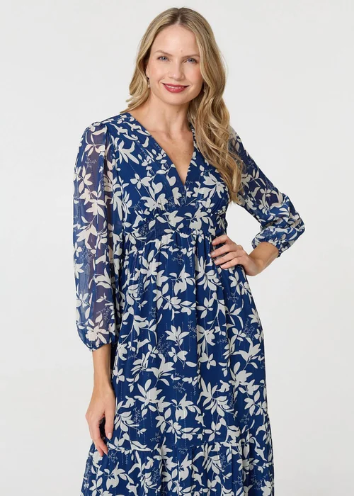 Izabel London Navy Leaf Print Sheer Layer Empire Maxi Dress - 8 Image 4