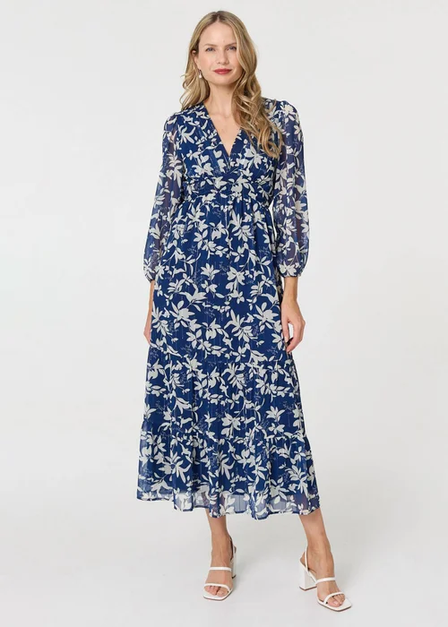 Izabel London Navy Leaf Print Sheer Layer Empire Maxi Dress - 8 Image 1