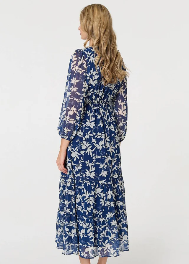 Izabel London Navy Leaf Print Sheer Layer Empire Maxi Dress