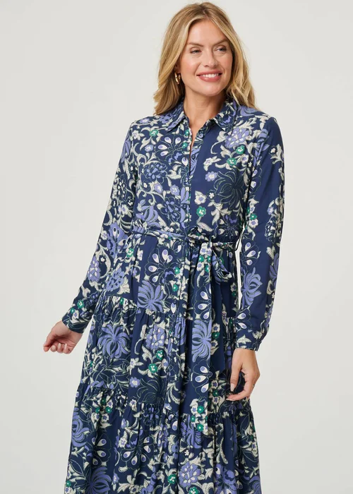 Izabel London Navy Floral Tie Waist Tiered Midi Dress - 14 Image 4