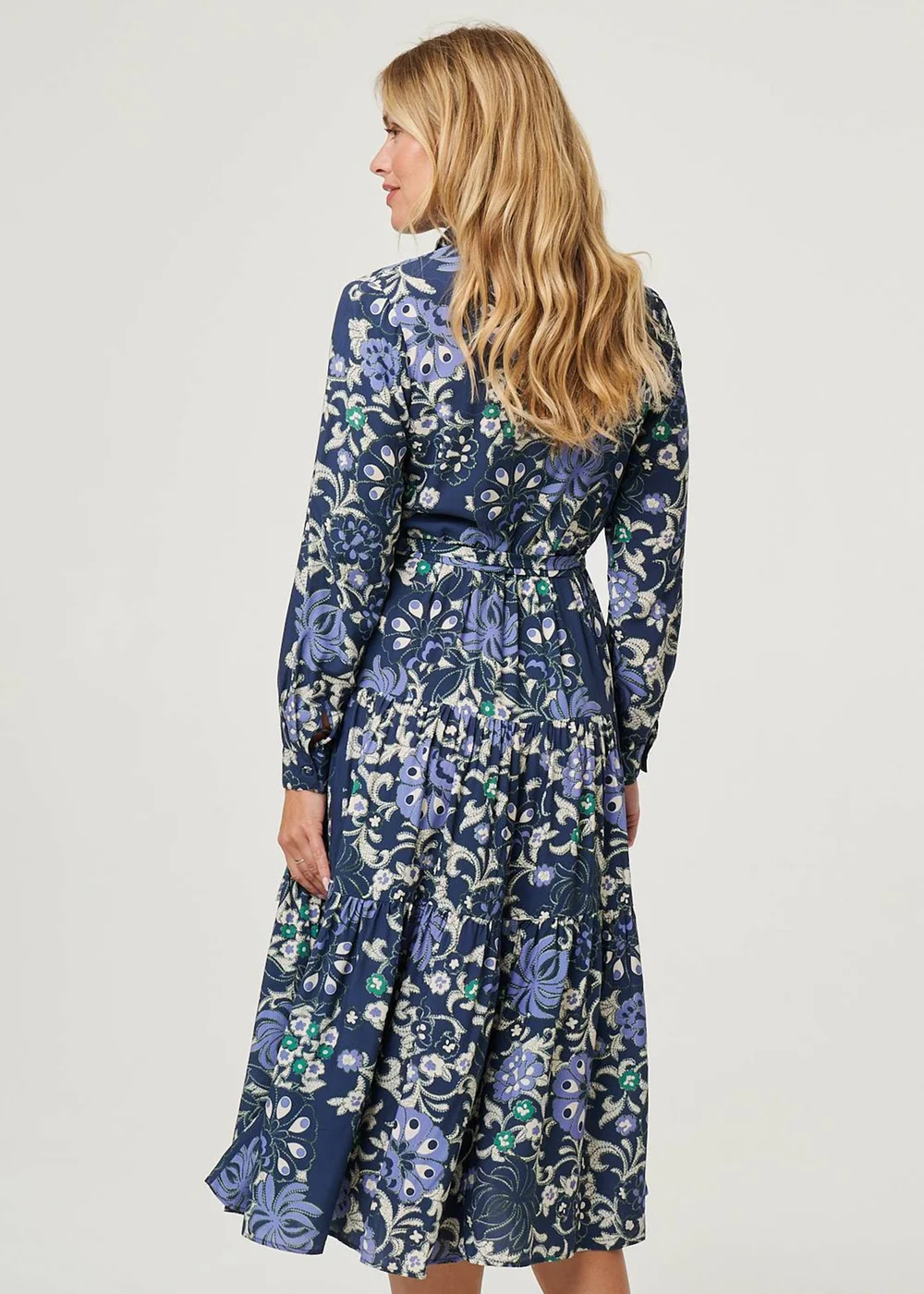 Izabel London Navy Floral Tie Waist Tiered Midi Dress - 14 Image 2