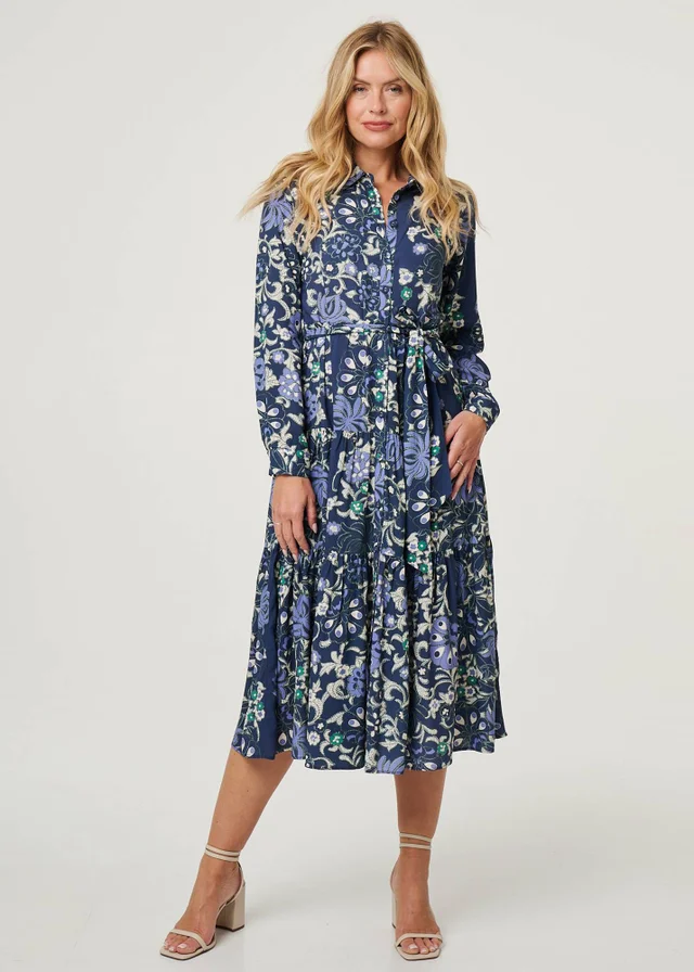 Izabel London Navy Floral Tie Waist Tiered Midi Dress