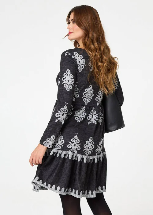 Izabel London Grey Printed Knee Length Long Sleeve Dress - 10 Image 2