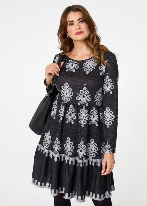 Izabel London Grey Printed Knee Length Long Sleeve Dress - 10 Image 1