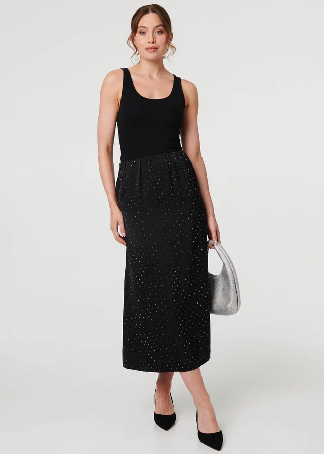 Izabel London Black Diamante Detail High Waist Midi Skirt