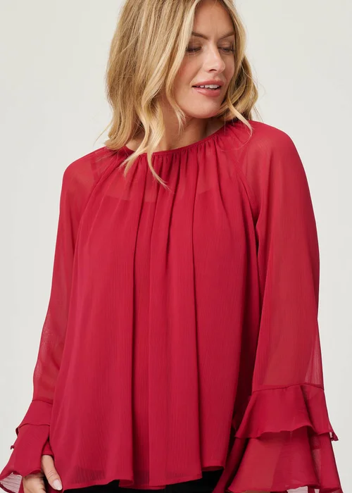 Izabel London Red Semi Sheer Long Sleeve Ruffled Blouse - 12 Image 3