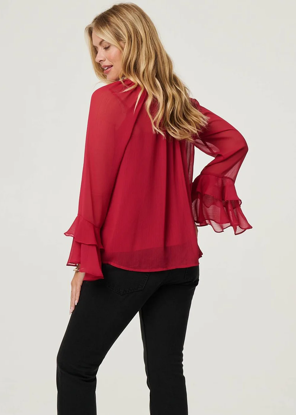 Izabel London Red Semi Sheer Long Sleeve Ruffled Blouse - 12 Image 2