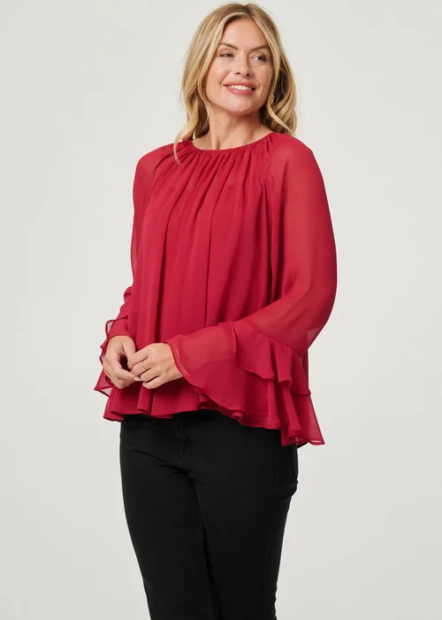 Izabel London Red Semi Sheer Long Sleeve Ruffled Blouse - 12 Image 1