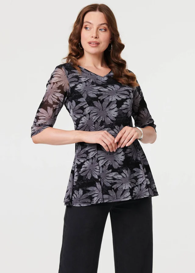 Izabel London Black Floral Relaxed Semi Sheer Peplum Blouse