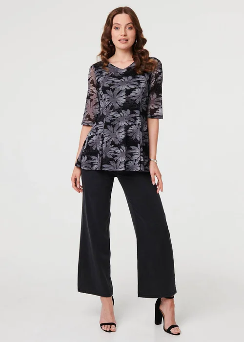 Izabel London Black Floral Relaxed Semi Sheer Peplum Blouse - 10 Image 4