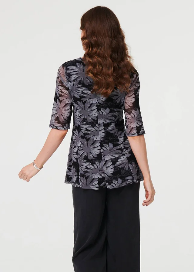 Izabel London Black Floral Relaxed Semi Sheer Peplum Blouse