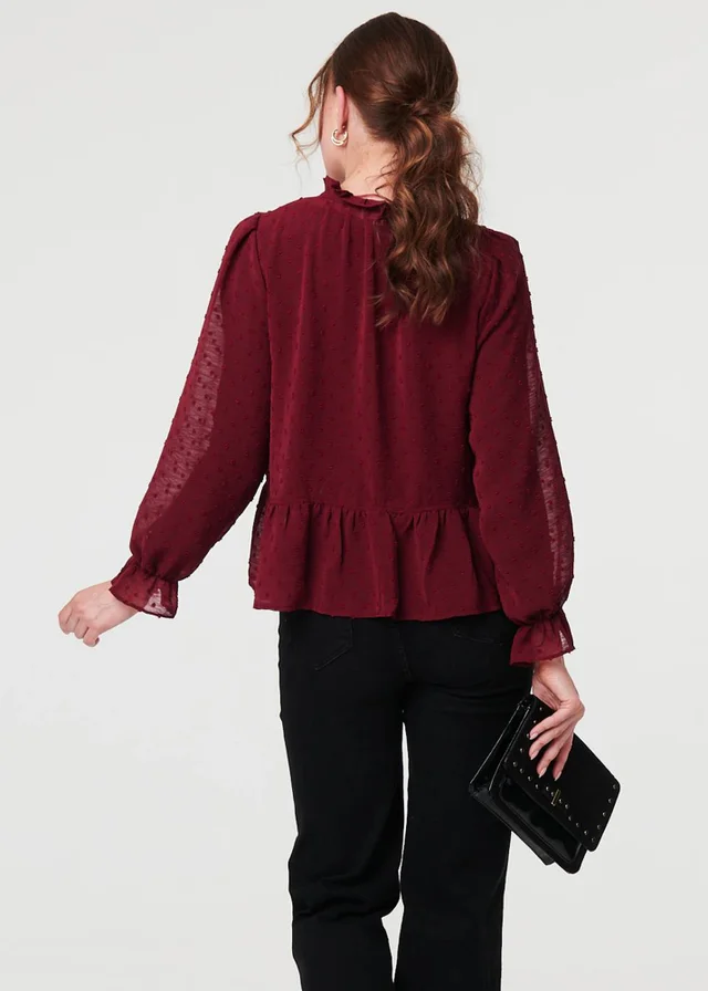 Izabel London Burgundy Textured Semi Sheer Frilled Blouse