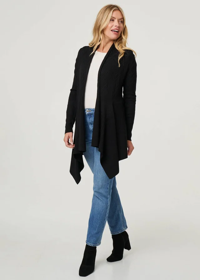 Izabel London Black Longline Curve Hem Open Front Cardigan