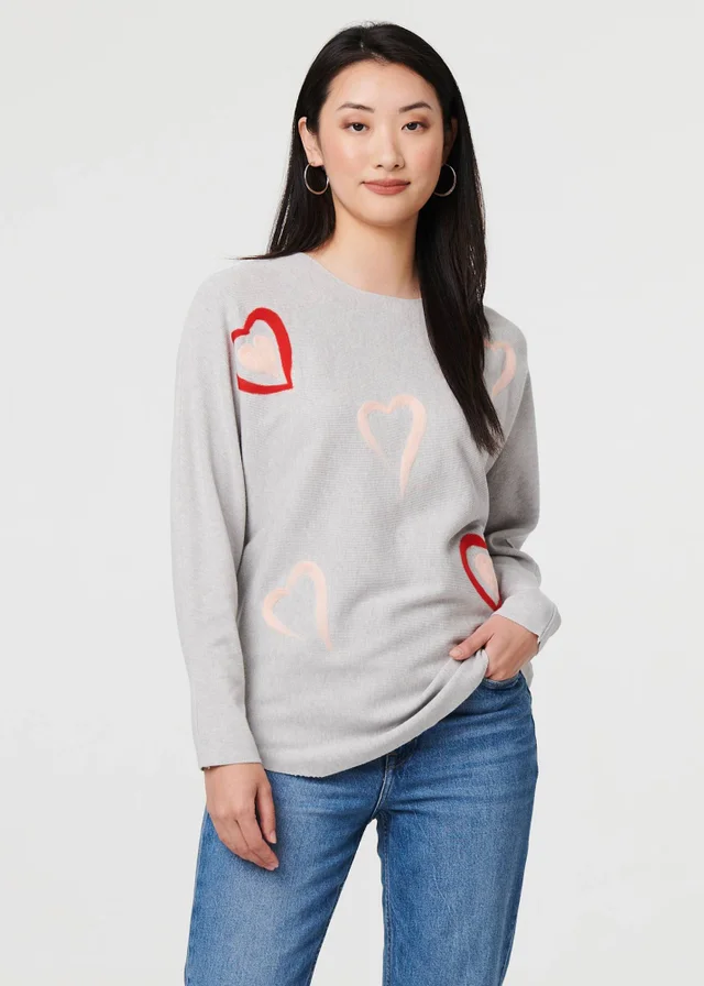 Izabel London Grey Heart Print Batwing Sleeve Jumper
