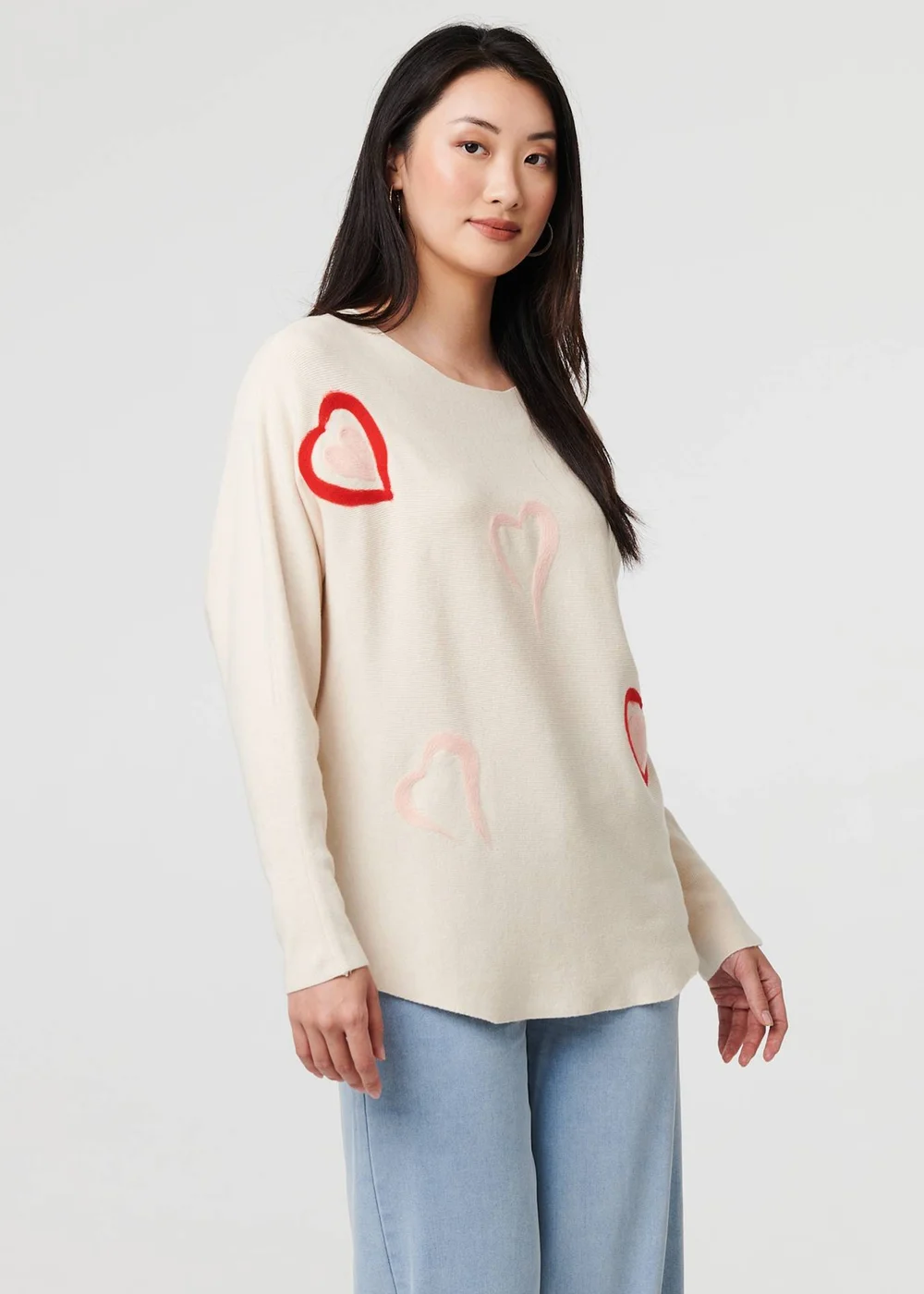 Izabel London Beige Heart Print Batwing Sleeve Jumper - S/M Image 1