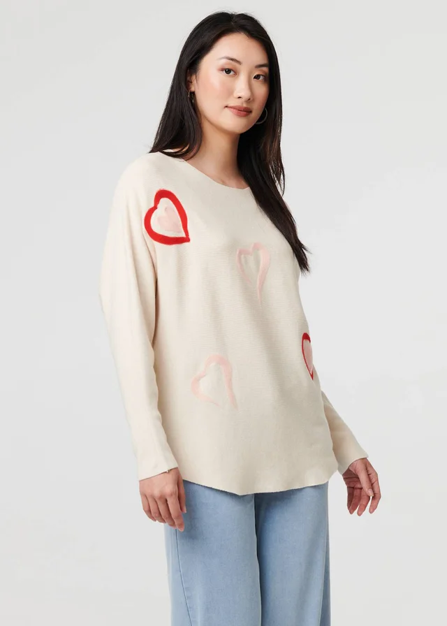 Izabel London Beige Heart Print Batwing Sleeve Jumper
